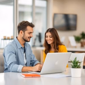 two people looking at laptop to learn more