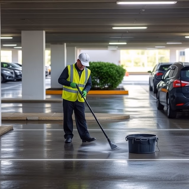 Worker cleaning parking lot with pressure washer